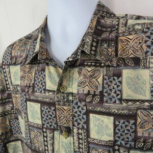 Cooke Street Hawaiian  Shirt Mens 2XL Black Aqua Aloha Tapa Leaves Square Cotton